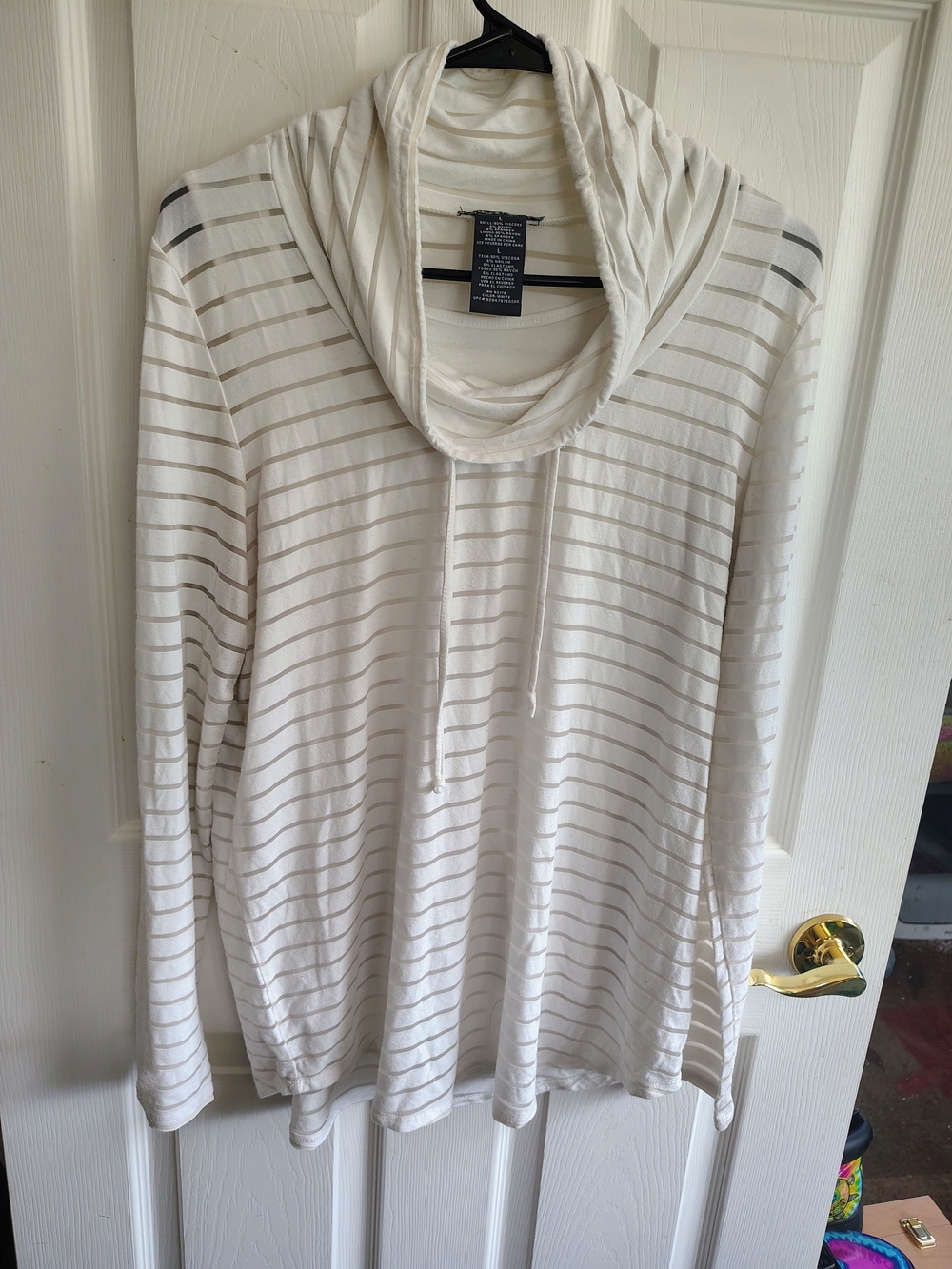 Chelsea & Theodore Cream and Light Gray Striped Cowl Sweater